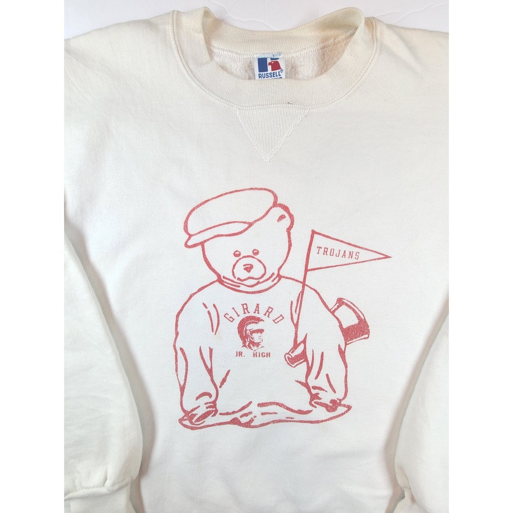 Vintage Russell Athletic Girard Jr High Trojans Bear Sweatshirt Large Mens Beige - Picture 1 of 9